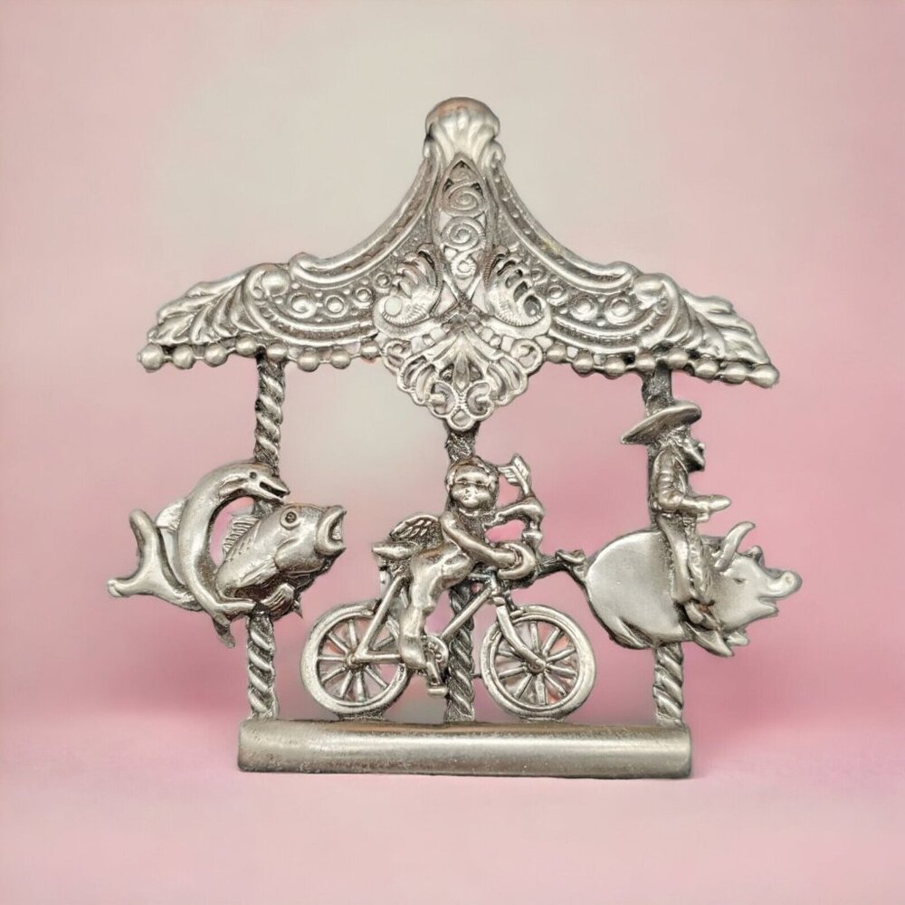 Vtg Carousel Halloween Brooch Witch Bike Fish Pig Dolphin Silver Tone Whimsical